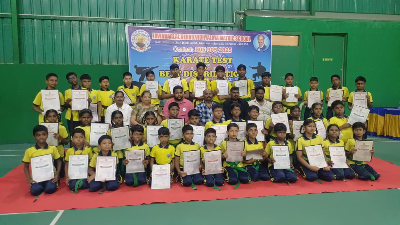 Jawaharlal Nehru Vidhyalaya Matric School Karate test and belt distribution ceremony